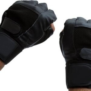 Black hand gym gloves designed for weightlifting and other exercises, made with high-quality materials for a comfortable and secure fit. These gloves feature reinforced stitching, adjustable wrist straps, and a non-slip grip to prevent injuries and enhance performance. Perfect for fitness enthusiasts who want to protect their hands and improve their grip during intense workouts.