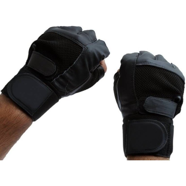 Black hand gym gloves designed for weightlifting and other exercises, made with high-quality materials for a comfortable and secure fit. These gloves feature reinforced stitching, adjustable wrist straps, and a non-slip grip to prevent injuries and enhance performance. Perfect for fitness enthusiasts who want to protect their hands and improve their grip during intense workouts.