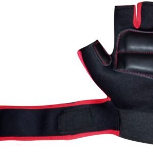 Black and red hand gym gloves designed for weightlifting and other exercises, made with durable materials to ensure a secure and comfortable fit. These gloves feature reinforced stitching, adjustable wrist straps, and a non-slip grip to maximize performance and prevent injuries. Perfect for fitness enthusiasts who want to protect their hands during intense workouts and improve their grip