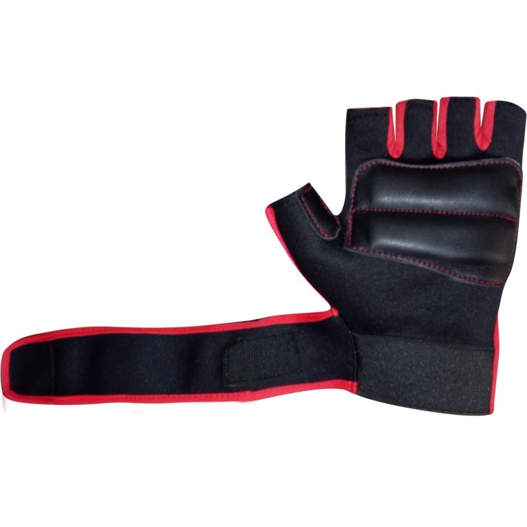 Black and red hand gym gloves designed for weightlifting and other exercises, made with durable materials to ensure a secure and comfortable fit. These gloves feature reinforced stitching, adjustable wrist straps, and a non-slip grip to maximize performance and prevent injuries. Perfect for fitness enthusiasts who want to protect their hands during intense workouts and improve their grip