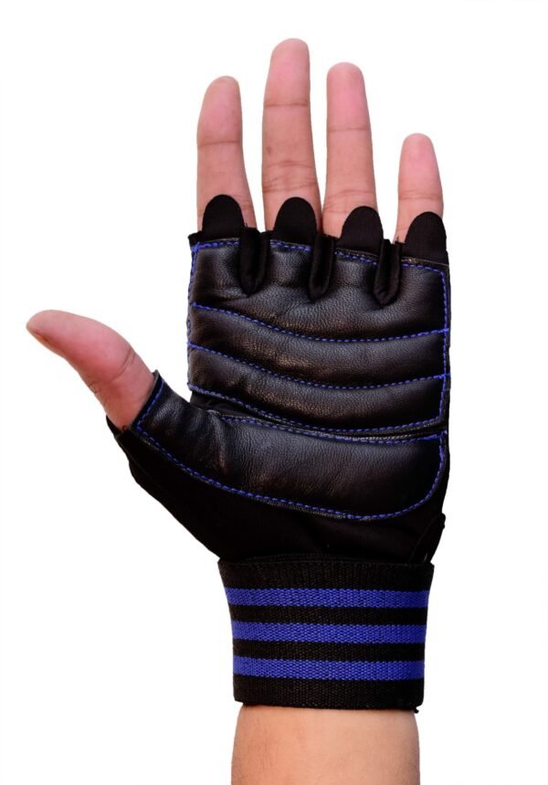 Black and blue hand gym gloves designed for weightlifting and other exercises, made with high-quality materials for a comfortable and secure fit. These gloves feature reinforced stitching, adjustable wrist straps, and a non-slip grip to prevent injuries and enhance performance. Ideal for fitness enthusiasts who want to protect their hands and improve their grip during intense workouts.