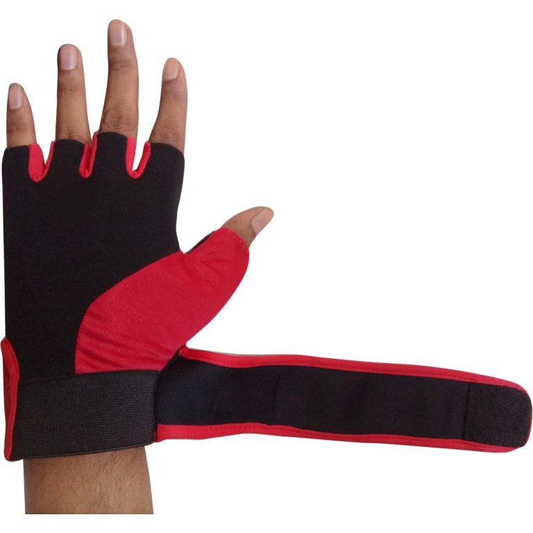 Black and red hand gym gloves designed for weightlifting and other exercises, made with durable materials to ensure a secure and comfortable fit. These gloves feature reinforced stitching, adjustable wrist straps, and a non-slip grip to maximize performance and prevent injuries. Perfect for fitness enthusiasts who want to protect their hands during intense workouts and improve their grip