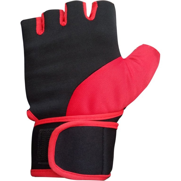 Black and red hand gym gloves designed for weightlifting and other exercises, made with durable materials to ensure a secure and comfortable fit. These gloves feature reinforced stitching, adjustable wrist straps, and a non-slip grip to maximize performance and prevent injuries. Perfect for fitness enthusiasts who want to protect their hands during intense workouts and improve their grip