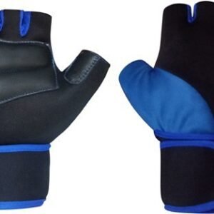 Black and blue hand gym gloves designed for weightlifting and other exercises, made with high-quality materials for a comfortable and secure fit. These gloves feature reinforced stitching, adjustable wrist straps, and a non-slip grip to prevent injuries and enhance performance. Ideal for fitness enthusiasts who want to protect their hands and improve their grip during intense workouts.