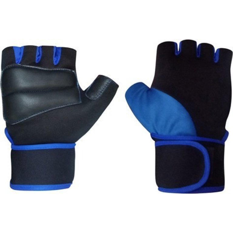 Black and blue hand gym gloves designed for weightlifting and other exercises, made with high-quality materials for a comfortable and secure fit. These gloves feature reinforced stitching, adjustable wrist straps, and a non-slip grip to prevent injuries and enhance performance. Ideal for fitness enthusiasts who want to protect their hands and improve their grip during intense workouts.