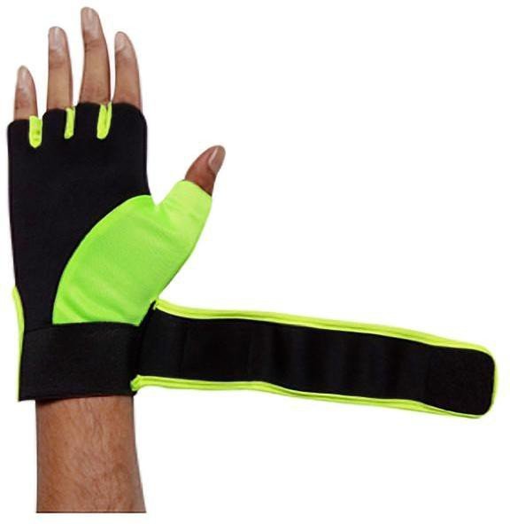 Black and green hand gym gloves made with high-quality materials for a comfortable and secure fit during weightlifting and other exercises. These gloves feature reinforced stitching, adjustable wrist straps, and a non-slip grip to prevent injury and maximize performance. Perfect for fitness enthusiasts who want to protect their hands and improve their workout experience.