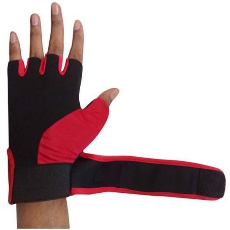 Black and red hand gym gloves designed for weightlifting and other exercises, made with durable materials to ensure a secure and comfortable fit. These gloves feature reinforced stitching, adjustable wrist straps, and a non-slip grip to maximize performance and prevent injuries. Perfect for fitness enthusiasts who want to protect their hands during intense workouts and improve their grip