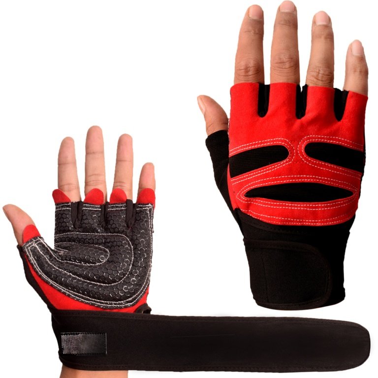 Black and red hand gym gloves designed for weightlifting and other exercises, made with durable materials to ensure a secure and comfortable fit. These gloves feature reinforced stitching, adjustable wrist straps, and a non-slip grip to maximize performance and prevent injuries. Perfect for fitness enthusiasts who want to protect their hands during intense workouts and improve their grip