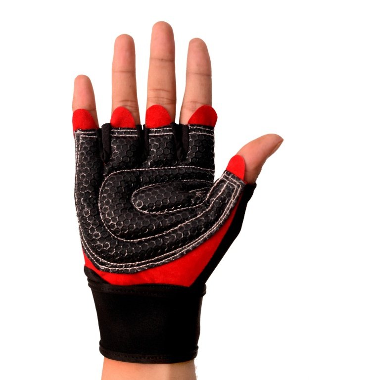 Black and red hand gym gloves designed for weightlifting and other exercises, made with durable materials to ensure a secure and comfortable fit. These gloves feature reinforced stitching, adjustable wrist straps, and a non-slip grip to maximize performance and prevent injuries. Perfect for fitness enthusiasts who want to protect their hands during intense workouts and improve their grip