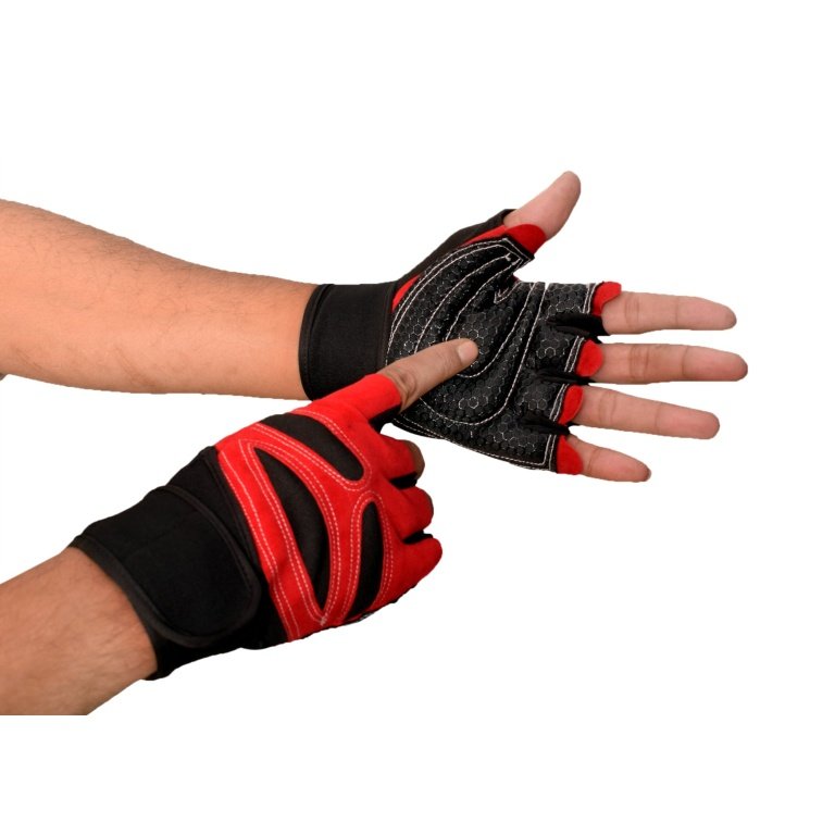 Black and red hand gym gloves designed for weightlifting and other exercises, made with durable materials to ensure a secure and comfortable fit. These gloves feature reinforced stitching, adjustable wrist straps, and a non-slip grip to maximize performance and prevent injuries. Perfect for fitness enthusiasts who want to protect their hands during intense workouts and improve their grip