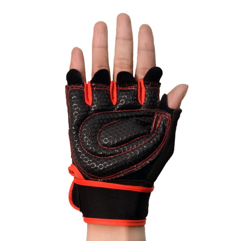 Black and red hand gym gloves designed for weightlifting and other exercises, made with durable materials to ensure a secure and comfortable fit. These gloves feature reinforced stitching, adjustable wrist straps, and a non-slip grip to maximize performance and prevent injuries. Perfect for fitness enthusiasts who want to protect their hands during intense workouts and improve their grip