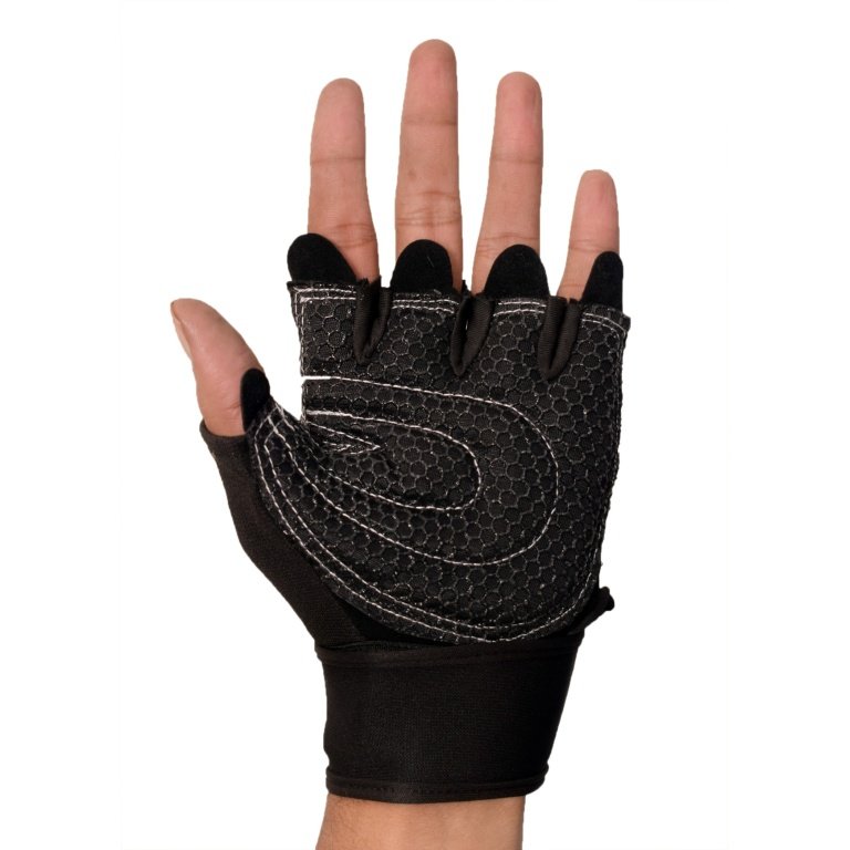 Black hand gym gloves designed for weightlifting and other exercises, made with high-quality materials for a comfortable and secure fit. These gloves feature reinforced stitching, adjustable wrist straps, and a non-slip grip to prevent injuries and enhance performance. Perfect for fitness enthusiasts who want to protect their hands and improve their grip during intense workouts.