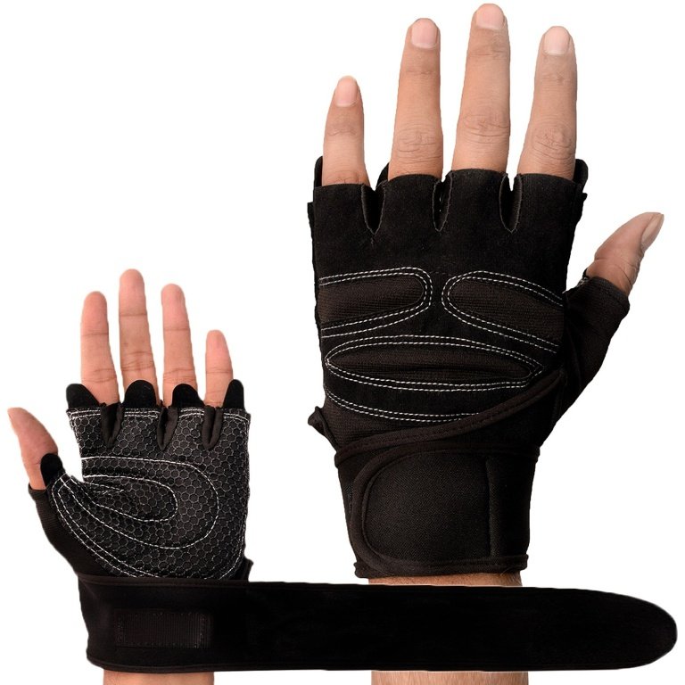 Black hand gym gloves designed for weightlifting and other exercises, made with high-quality materials for a comfortable and secure fit. These gloves feature reinforced stitching, adjustable wrist straps, and a non-slip grip to prevent injuries and enhance performance. Perfect for fitness enthusiasts who want to protect their hands and improve their grip during intense workouts.