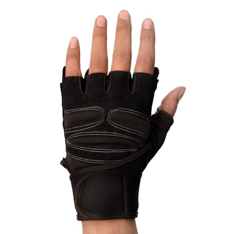 Black hand gym gloves designed for weightlifting and other exercises, made with high-quality materials for a comfortable and secure fit. These gloves feature reinforced stitching, adjustable wrist straps, and a non-slip grip to prevent injuries and enhance performance. Perfect for fitness enthusiasts who want to protect their hands and improve their grip during intense workouts.