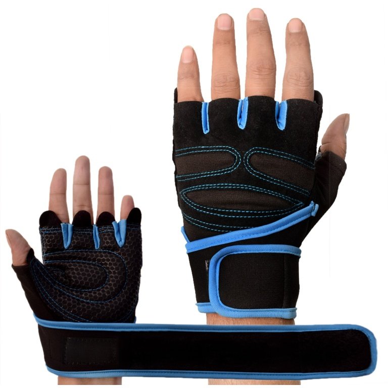 Black and blue hand gym gloves designed for weightlifting and other exercises, made with high-quality materials for a comfortable and secure fit. These gloves feature reinforced stitching, adjustable wrist straps, and a non-slip grip to prevent injuries and enhance performance. Ideal for fitness enthusiasts who want to protect their hands and improve their grip during intense workouts.