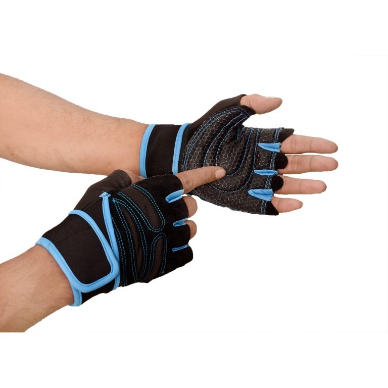 Black and blue hand gym gloves designed for weightlifting and other exercises, made with high-quality materials for a comfortable and secure fit. These gloves feature reinforced stitching, adjustable wrist straps, and a non-slip grip to prevent injuries and enhance performance. Ideal for fitness enthusiasts who want to protect their hands and improve their grip during intense workouts.