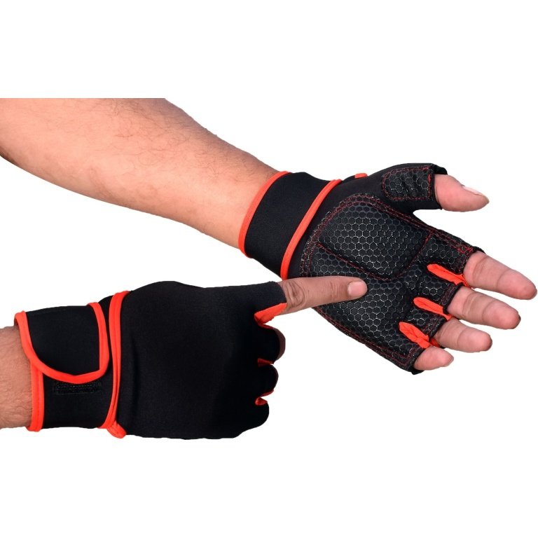 Black and red hand gym gloves designed for weightlifting and other exercises, made with durable materials to ensure a secure and comfortable fit. These gloves feature reinforced stitching, adjustable wrist straps, and a non-slip grip to maximize performance and prevent injuries. Perfect for fitness enthusiasts who want to protect their hands during intense workouts and improve their grip