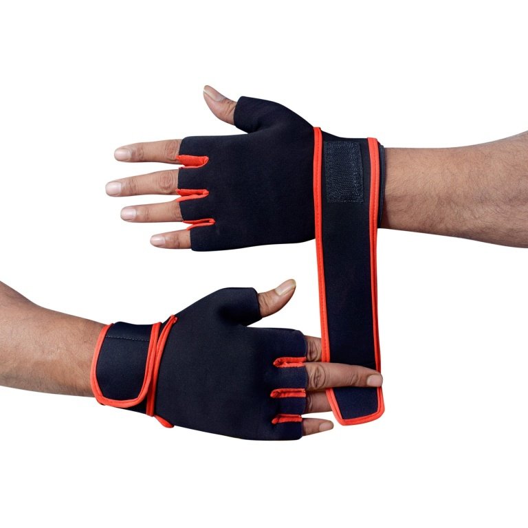 Black and red hand gym gloves designed for weightlifting and other exercises, made with durable materials to ensure a secure and comfortable fit. These gloves feature reinforced stitching, adjustable wrist straps, and a non-slip grip to maximize performance and prevent injuries. Perfect for fitness enthusiasts who want to protect their hands during intense workouts and improve their grip