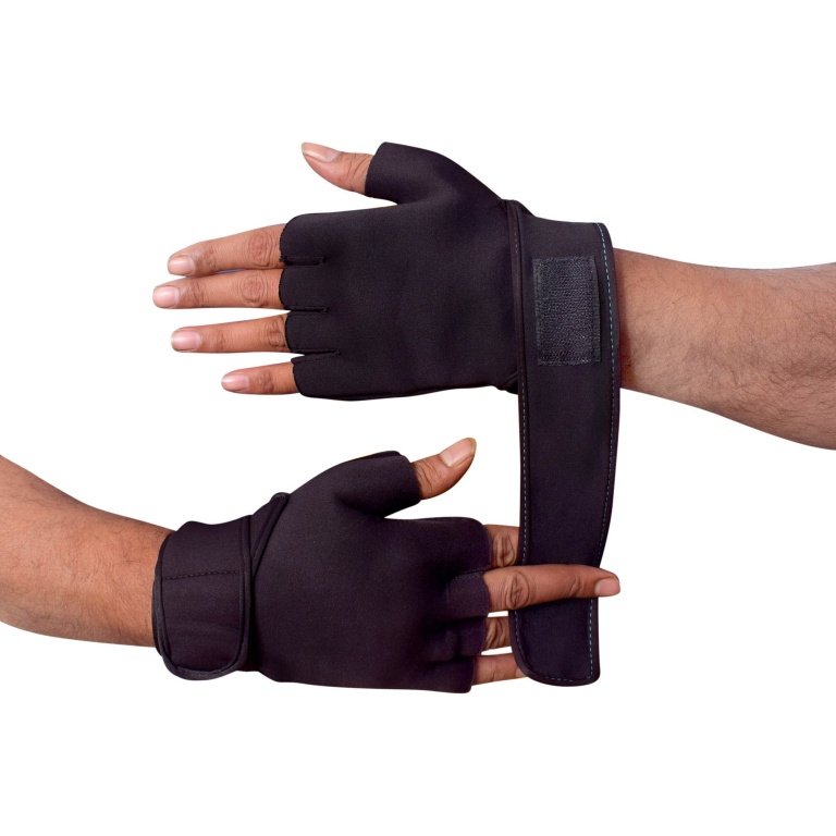 Black hand gym gloves designed for weightlifting and other exercises, made with high-quality materials for a comfortable and secure fit. These gloves feature reinforced stitching, adjustable wrist straps, and a non-slip grip to prevent injuries and enhance performance. Perfect for fitness enthusiasts who want to protect their hands and improve their grip during intense workouts.