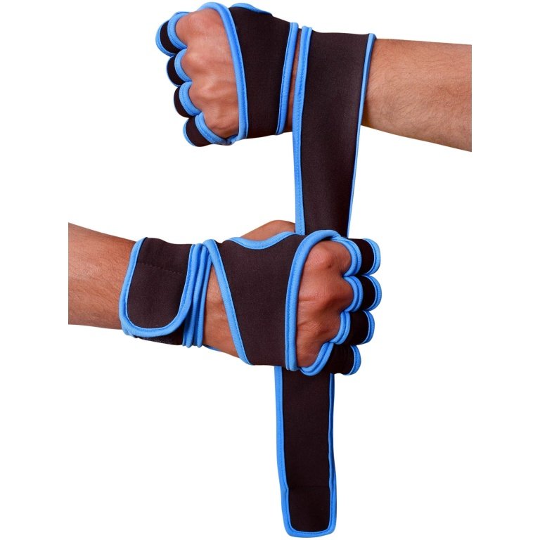 Black and blue hand gym gloves designed for weightlifting and other exercises, made with high-quality materials for a comfortable and secure fit. These gloves feature reinforced stitching, adjustable wrist straps, and a non-slip grip to prevent injuries and enhance performance. Ideal for fitness enthusiasts who want to protect their hands and improve their grip during intense workouts.