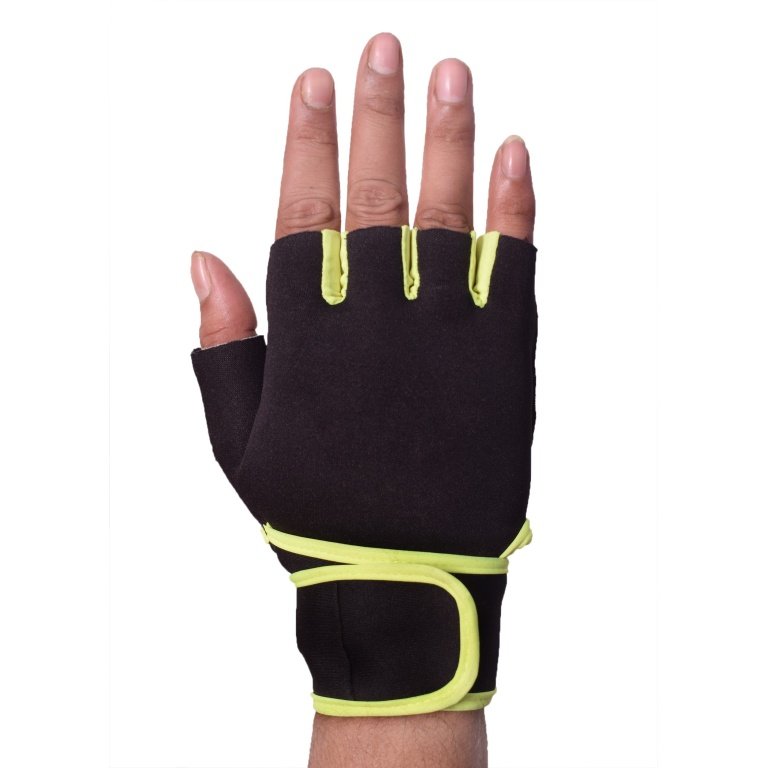 Black and green hand gym gloves made with high-quality materials for a comfortable and secure fit during weightlifting and other exercises. These gloves feature reinforced stitching, adjustable wrist straps, and a non-slip grip to prevent injury and maximize performance. Perfect for fitness enthusiasts who want to protect their hands and improve their workout experience.