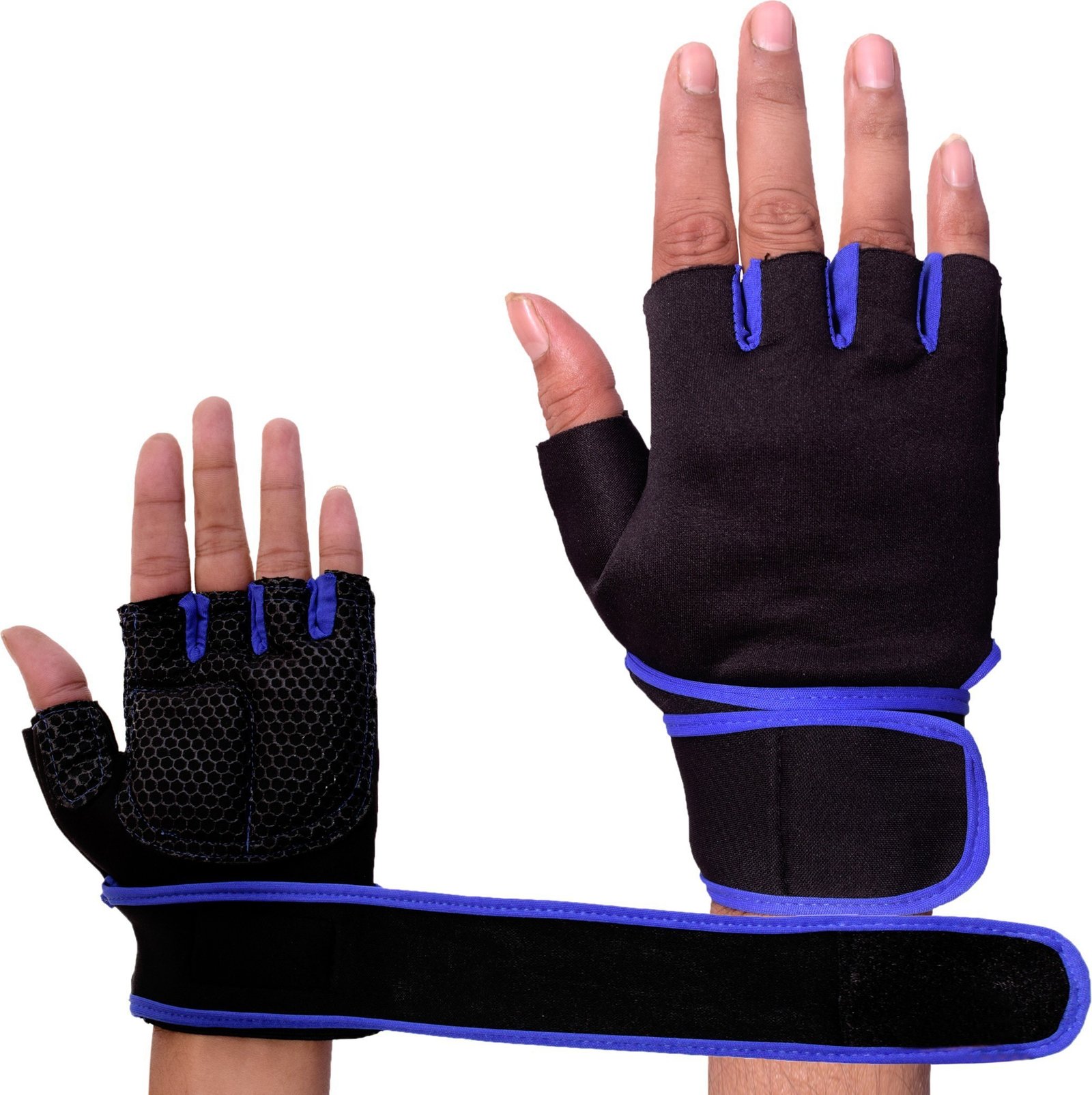 Black and blue hand gym gloves designed for weightlifting and other exercises, made with high-quality materials for a comfortable and secure fit. These gloves feature reinforced stitching, adjustable wrist straps, and a non-slip grip to prevent injuries and enhance performance. Ideal for fitness enthusiasts who want to protect their hands and improve their grip during intense workouts.