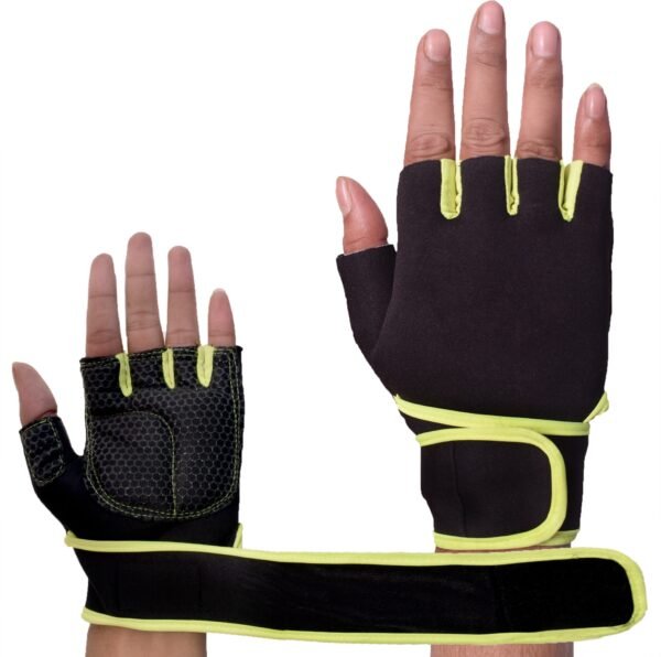 Black and green hand gym gloves made with high-quality materials for a comfortable and secure fit during weightlifting and other exercises. These gloves feature reinforced stitching, adjustable wrist straps, and a non-slip grip to prevent injury and maximize performance. Perfect for fitness enthusiasts who want to protect their hands and improve their workout experience.