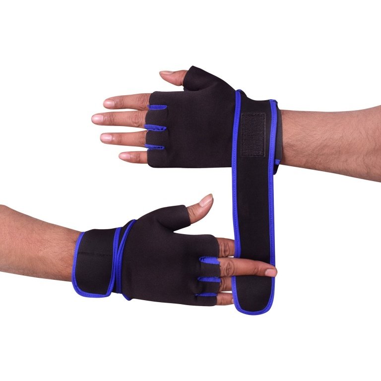 Black and blue hand gym gloves designed for weightlifting and other exercises, made with high-quality materials for a comfortable and secure fit. These gloves feature reinforced stitching, adjustable wrist straps, and a non-slip grip to prevent injuries and enhance performance. Ideal for fitness enthusiasts who want to protect their hands and improve their grip during intense workouts.