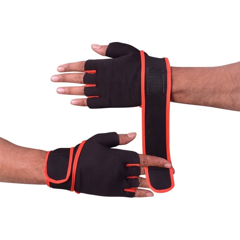 Black and red hand gym gloves designed for weightlifting and other exercises, made with durable materials to ensure a secure and comfortable fit. These gloves feature reinforced stitching, adjustable wrist straps, and a non-slip grip to maximize performance and prevent injuries. Perfect for fitness enthusiasts who want to protect their hands during intense workouts and improve their grip