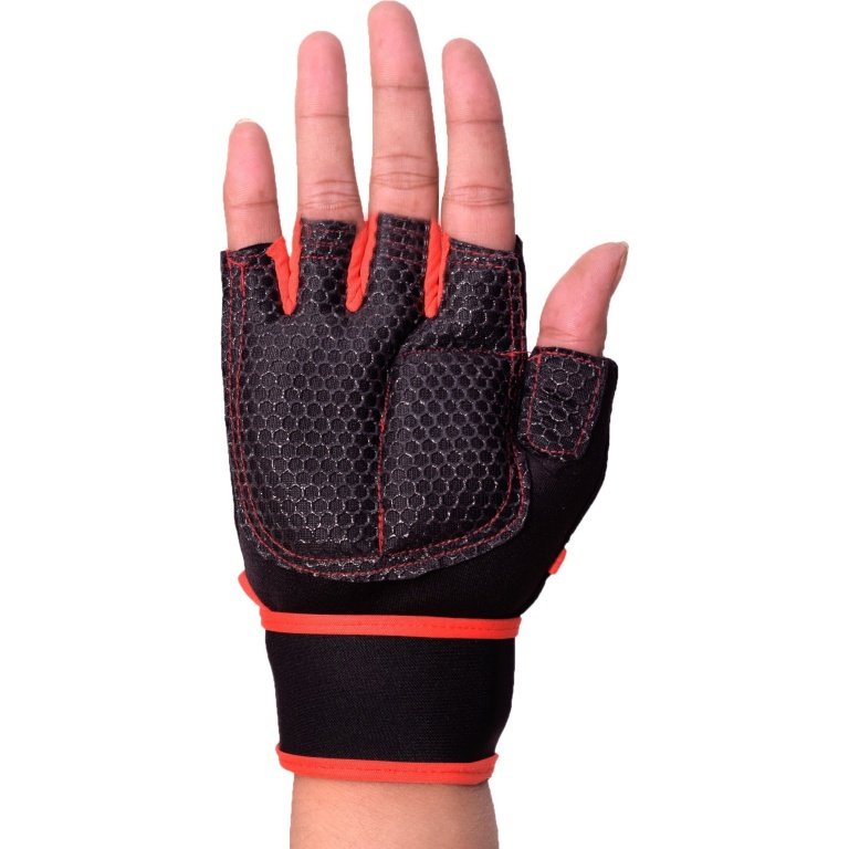 Black and red hand gym gloves designed for weightlifting and other exercises, made with durable materials to ensure a secure and comfortable fit. These gloves feature reinforced stitching, adjustable wrist straps, and a non-slip grip to maximize performance and prevent injuries. Perfect for fitness enthusiasts who want to protect their hands during intense workouts and improve their grip