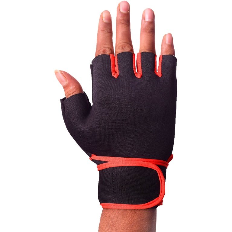 Black and red hand gym gloves designed for weightlifting and other exercises, made with durable materials to ensure a secure and comfortable fit. These gloves feature reinforced stitching, adjustable wrist straps, and a non-slip grip to maximize performance and prevent injuries. Perfect for fitness enthusiasts who want to protect their hands during intense workouts and improve their grip