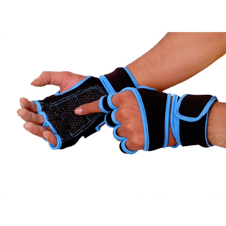 Black and blue hand gym gloves designed for weightlifting and other exercises, made with high-quality materials for a comfortable and secure fit. These gloves feature reinforced stitching, adjustable wrist straps, and a non-slip grip to prevent injuries and enhance performance. Ideal for fitness enthusiasts who want to protect their hands and improve their grip during intense workouts.