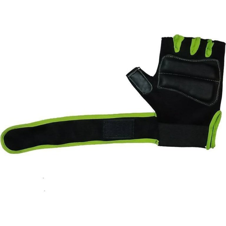 Black and green hand gym gloves made with high-quality materials for a comfortable and secure fit during weightlifting and other exercises. These gloves feature reinforced stitching, adjustable wrist straps, and a non-slip grip to prevent injury and maximize performance. Perfect for fitness enthusiasts who want to protect their hands and improve their workout experience.